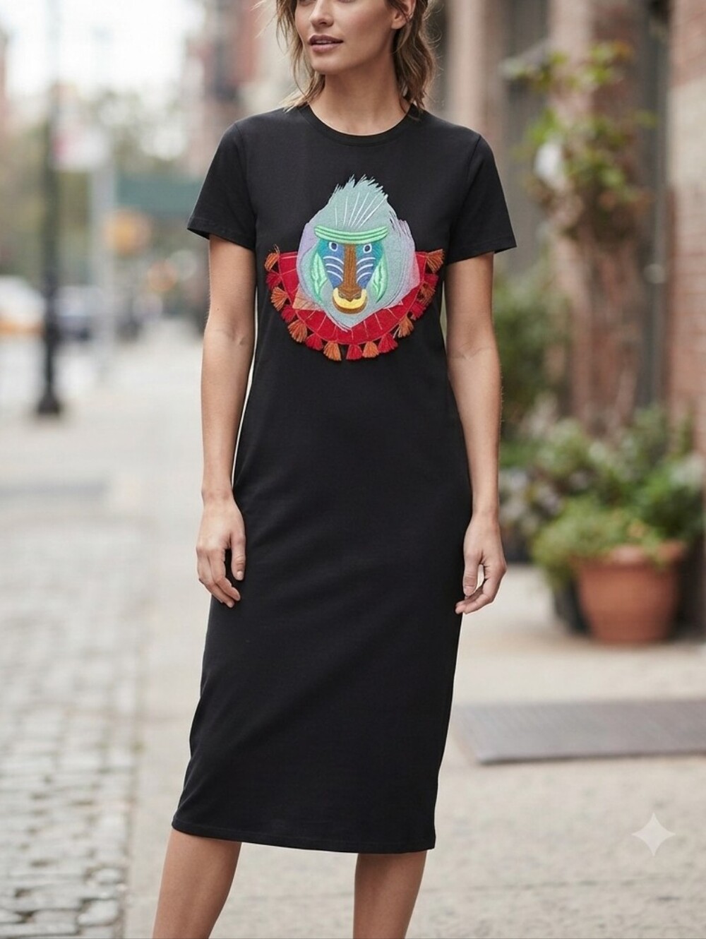 ICON Black Midi Dress with Colorful Embroidered Mandrill and Tassels size Small